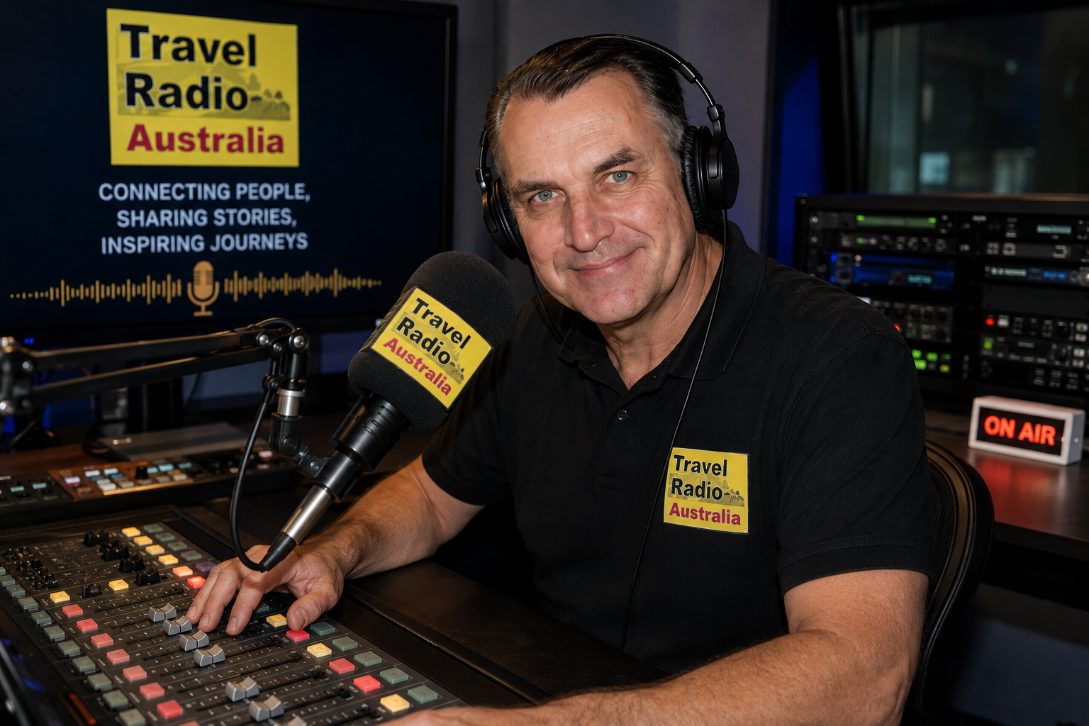 Geoff Harrison in the Travel Radio Australia studio